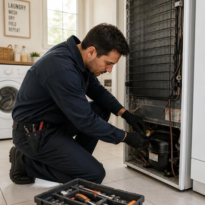 Técnico reparando un electrodoméstico en el área de lavado