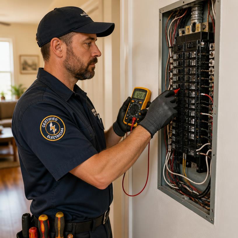 Electricista revisando el panel eléctrico de una casa