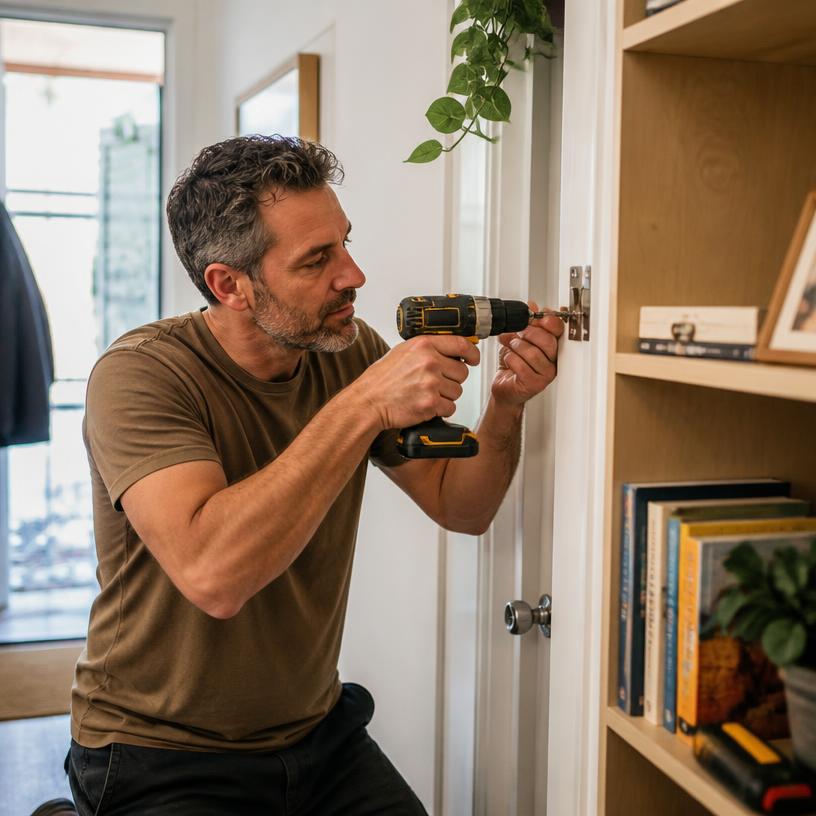 Handyman ajustando la bisagra de una puerta con un taladro