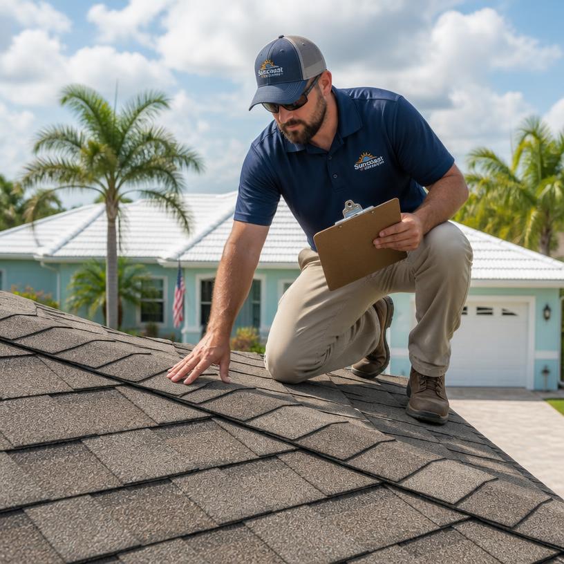 Profesional inspeccionando las tejas del techo de una casa